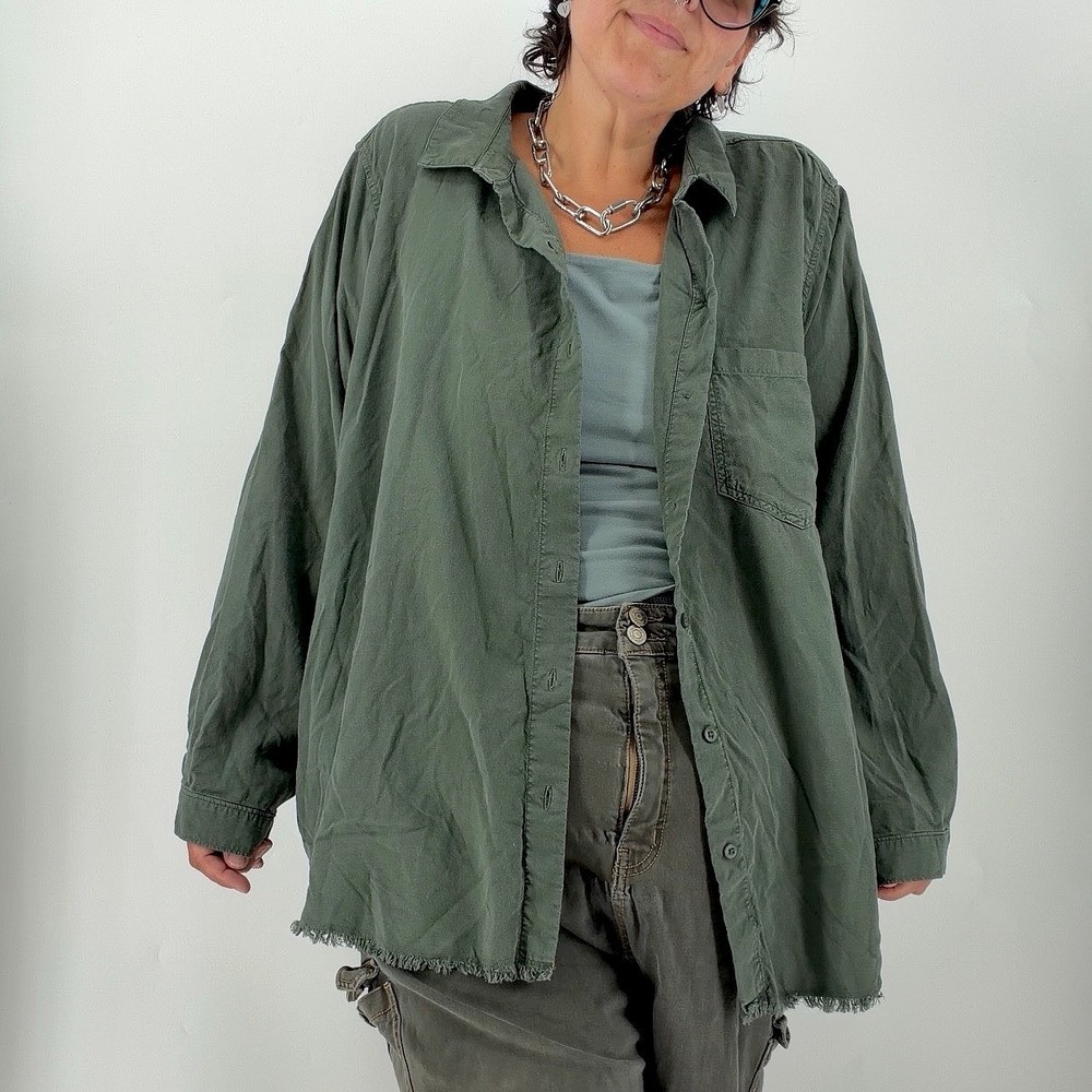 Side Stitch shirt jacket womens 3X plus size button front green utility edgy